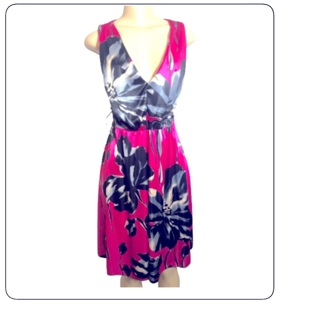 BISOU BISOU HOT PINK BLACK V NECK DRESS